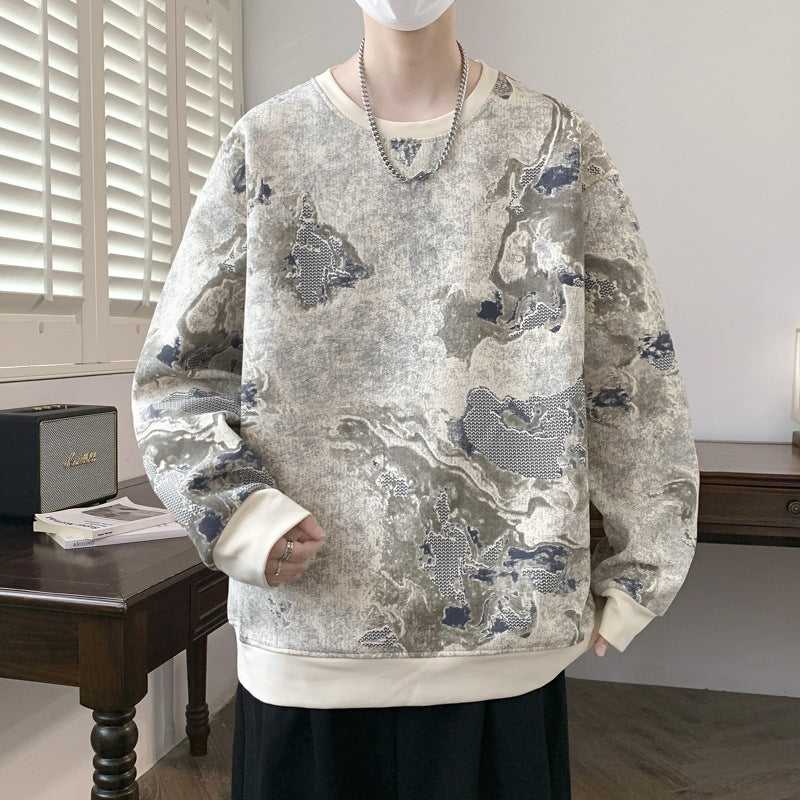 Men's Oversize Sweatshirt with Abstract Marble Print and Heavy Cotton Blend Mune Fashion