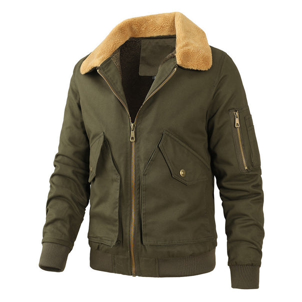 Men's canvas bomber jacket in work jacket style with warming lamb fleece collar and multiple pockets Mune Fashion