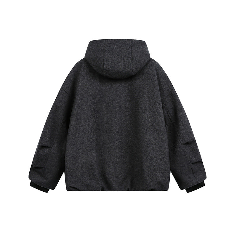 Men's Loose-Fitting Padded Wool Blend Hooded Jacket with Zip and Drawstring Mune Fashion