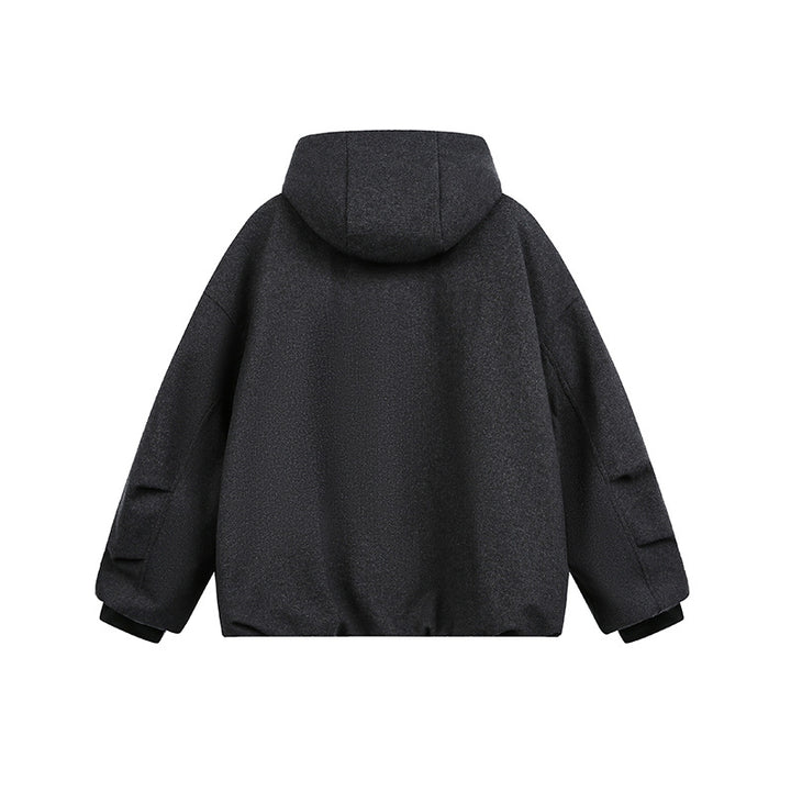 Men's Loose-Fitting Padded Wool Blend Hooded Jacket with Zip and Drawstring Mune Fashion