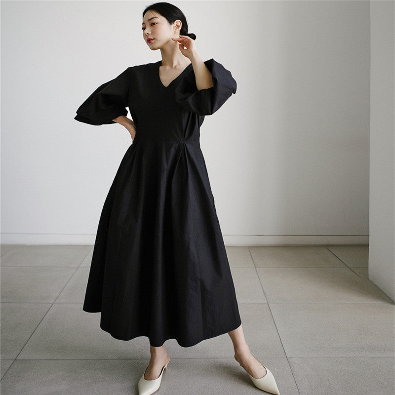 Women's Voluminous Cotton Blend Maxi Dress with Balloon Sleeves and Gathered Cuffs Mune Fashion