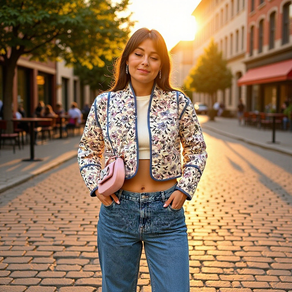 Women's short-cut quilted blouson jacket with floral embroidery and contrasting piping Mune Fashion