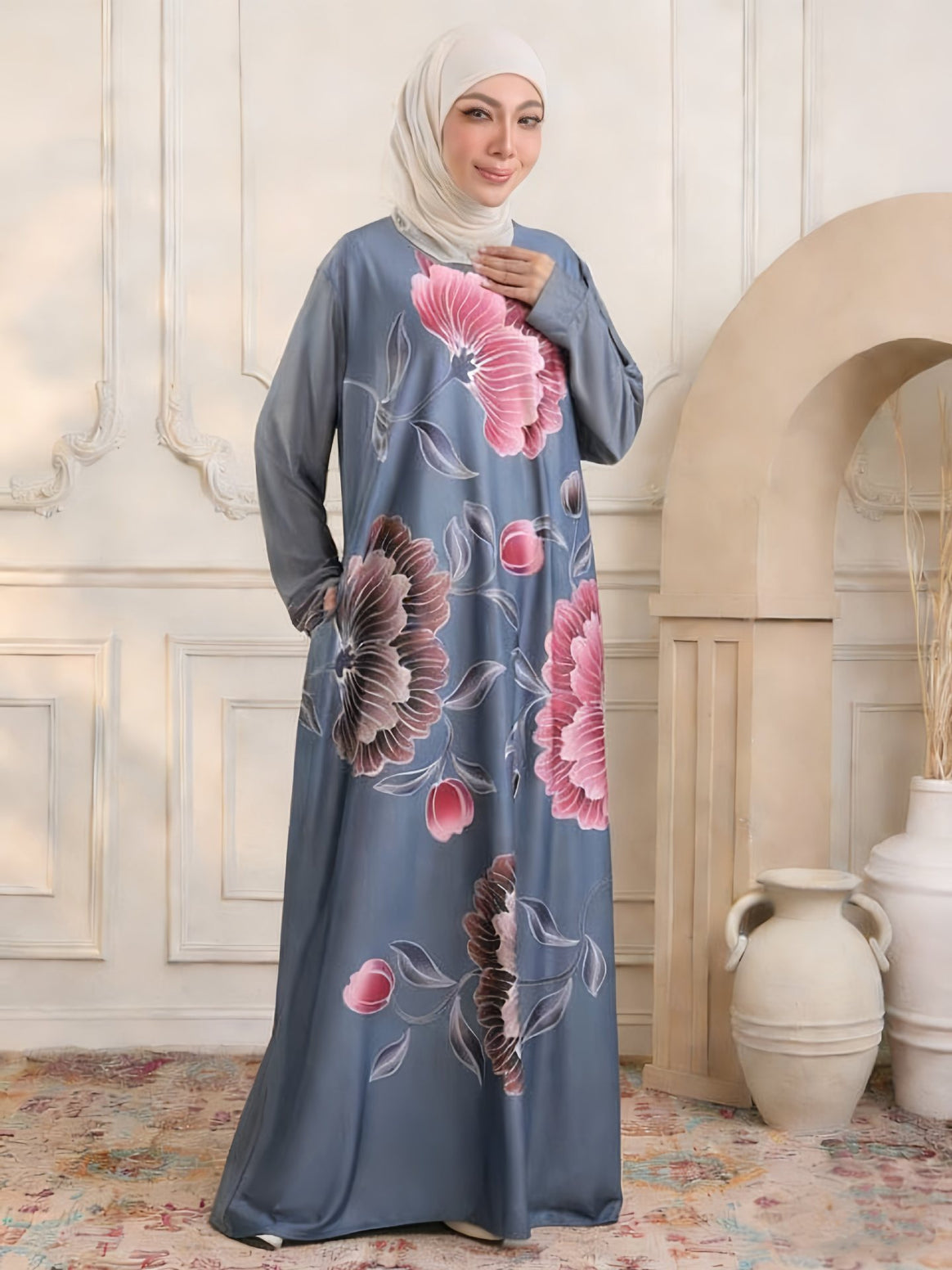 Women's maxi dress in kaftan style with hand-painted floral print Mune Fashion