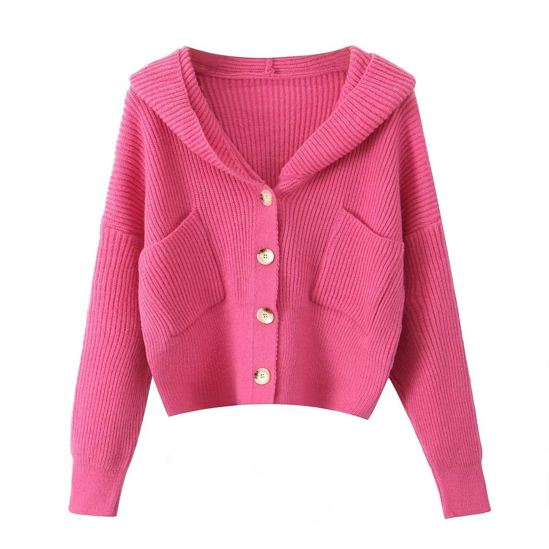 Women's Short Ribbed Knit Cardigan with Wide Hood Collar and Patch Pockets Mune Fashion