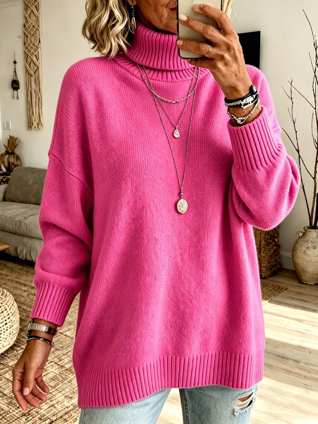 Women's Oversize Rollneck Sweater made of fine knit with ribbed cuffs and dropped shoulders Mune Fashion