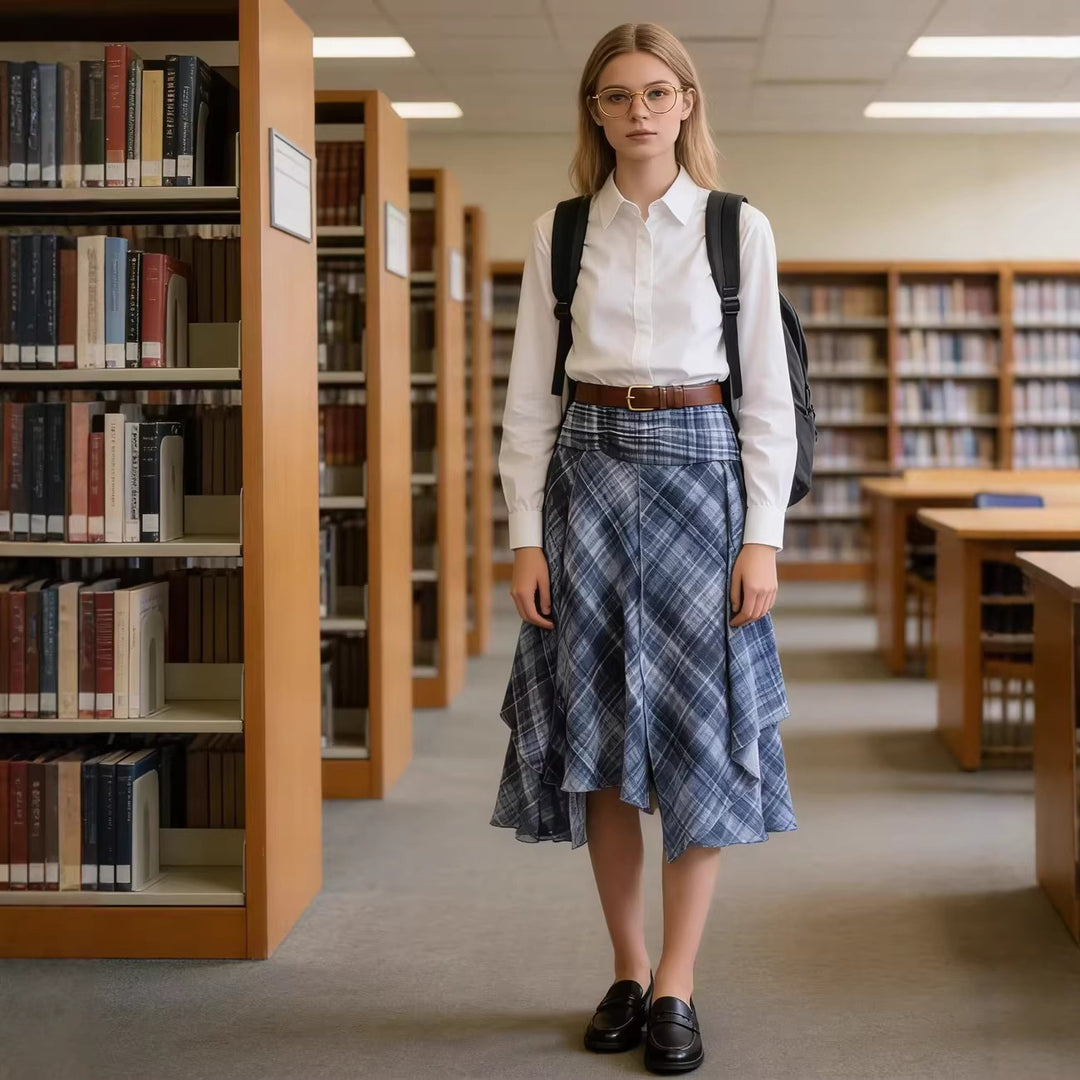 Women Asymmetrical Layered Skirt with High Pleated Belt and Checked Chiffon Mune Fashion