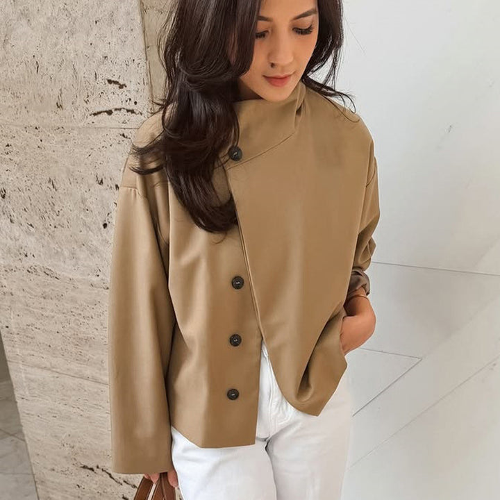 Women's short A-line coat jacket with stand-up collar and asymmetrical button placket Mune Fashion