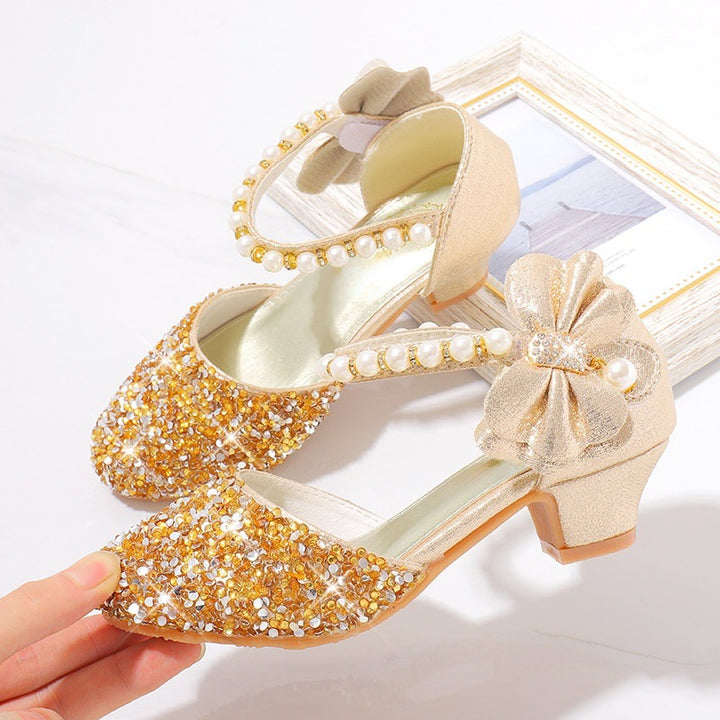 Ladies Elegant and Sparkling Mid-Heel Shoes with Pearl and Bow Details Mune Fashion