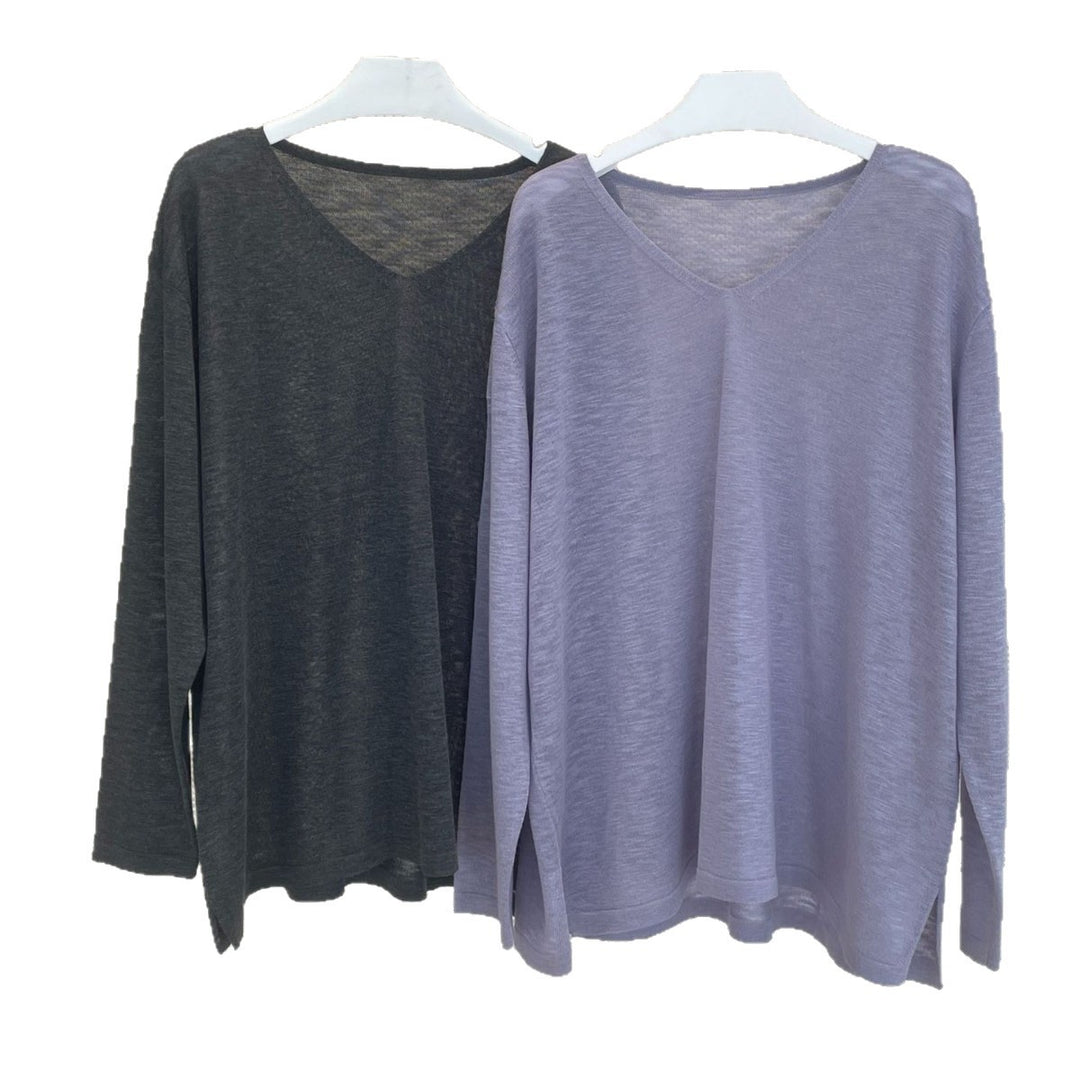 Women Casual V-Neck Fine Knit Long Sleeve with Dropped Shoulder Mune Fashion