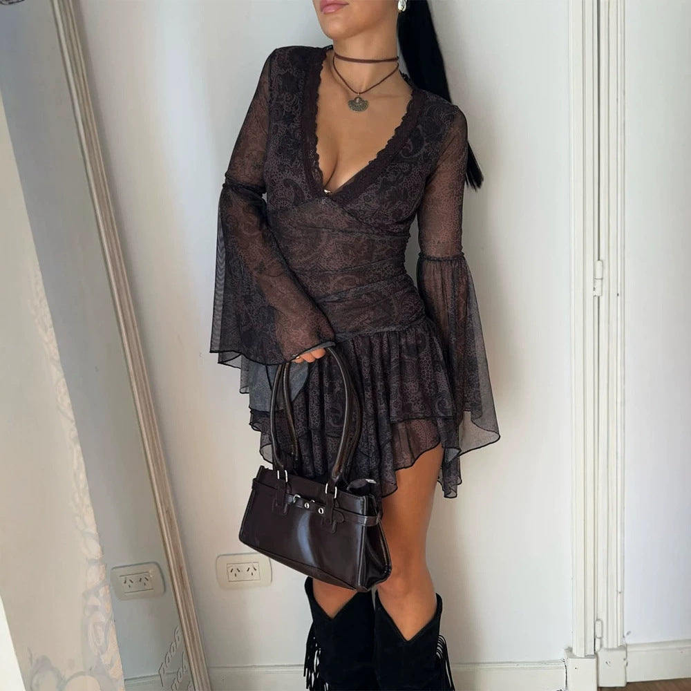 Ladies Transparent Lace Mini Dress with Deep V-Neck, Ruffled Skirt & Bell Sleeves Mune Fashion