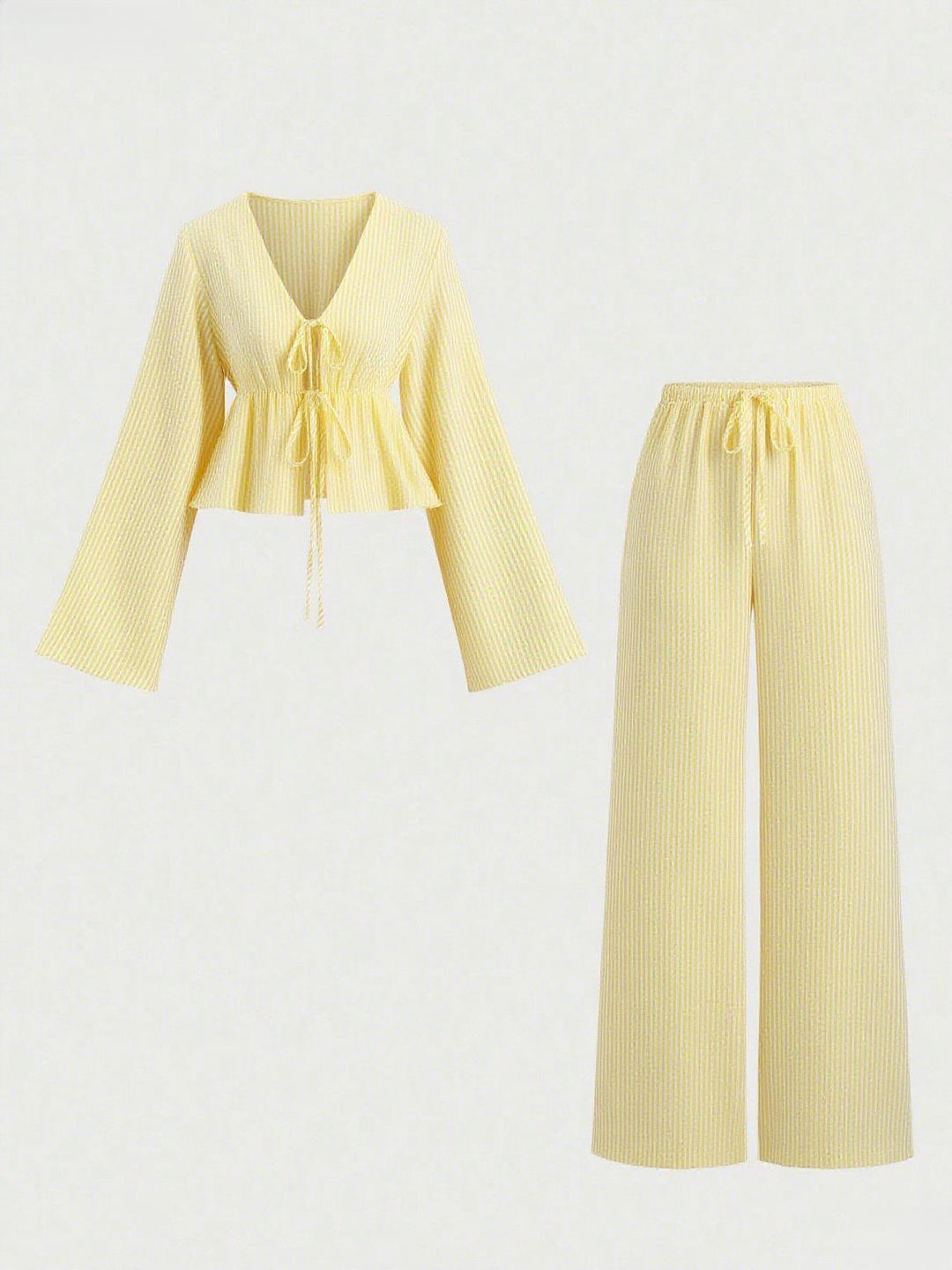 Women's non-striped linen-like homewear set with gathered drawstring top and elastic waistband pants Mune Fashion