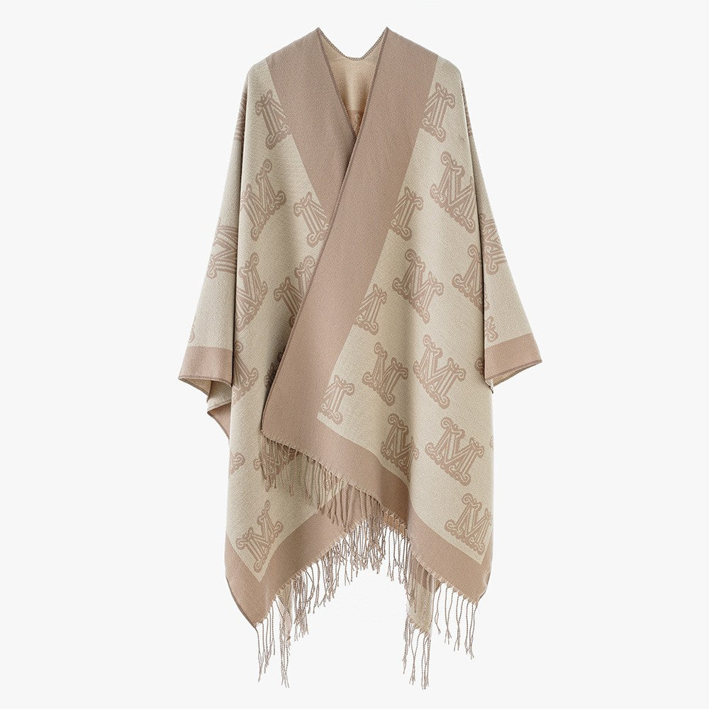 Women's Jacquard Monogram Cape with Open Sides and Fringes