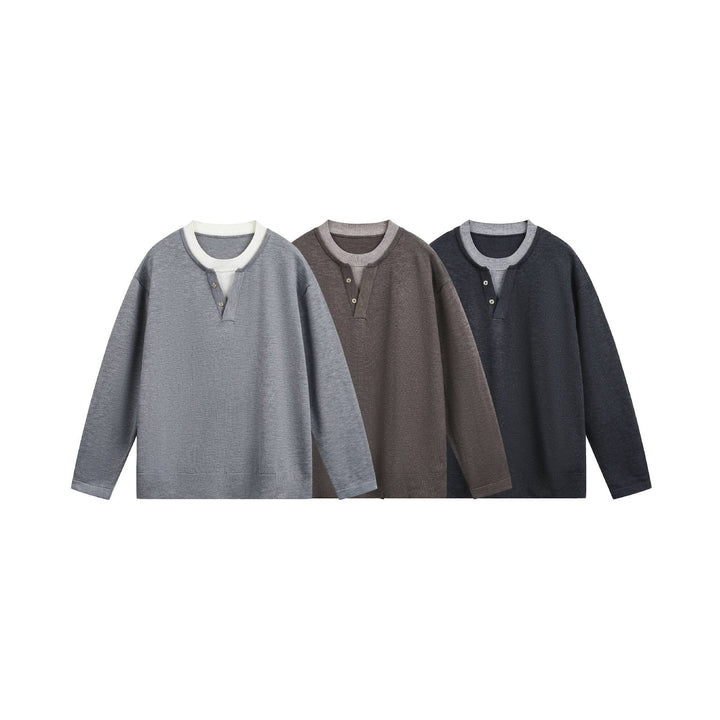 Unisex Casual Oversized Sweatshirt with Henley Placket and Ribbed Layer Collar Mune Fashion