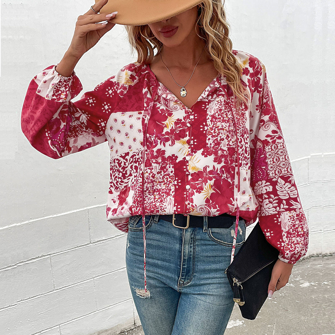 Women's Light Boho Blouse with Patchwork Print, Tied Slit and Balloon Sleeves Mune Fashion