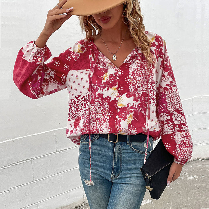 Women's Light Boho Blouse with Patchwork Print, Tied Slit and Balloon Sleeves Mune Fashion