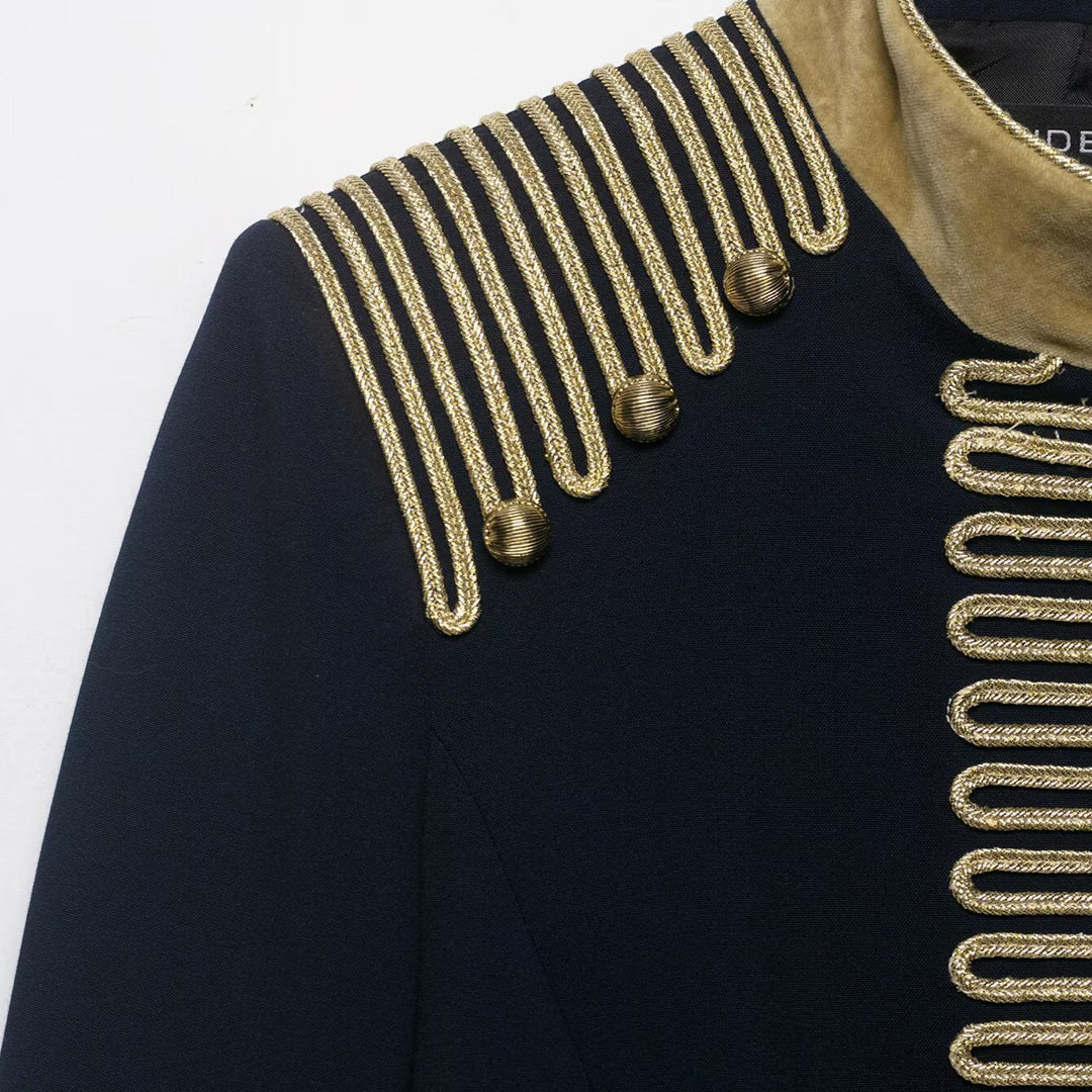 Women's Cropped Military Jacket in Parade Look with Gold Cord Decoration and Velvet Cuffs Mune Fashion