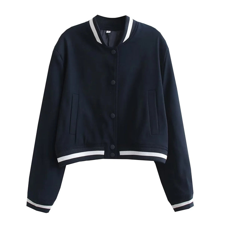 Women's Cropped College Bomber Jacket with Striped Ribbed Cuffs and Snap Button Closure Mune Fashion