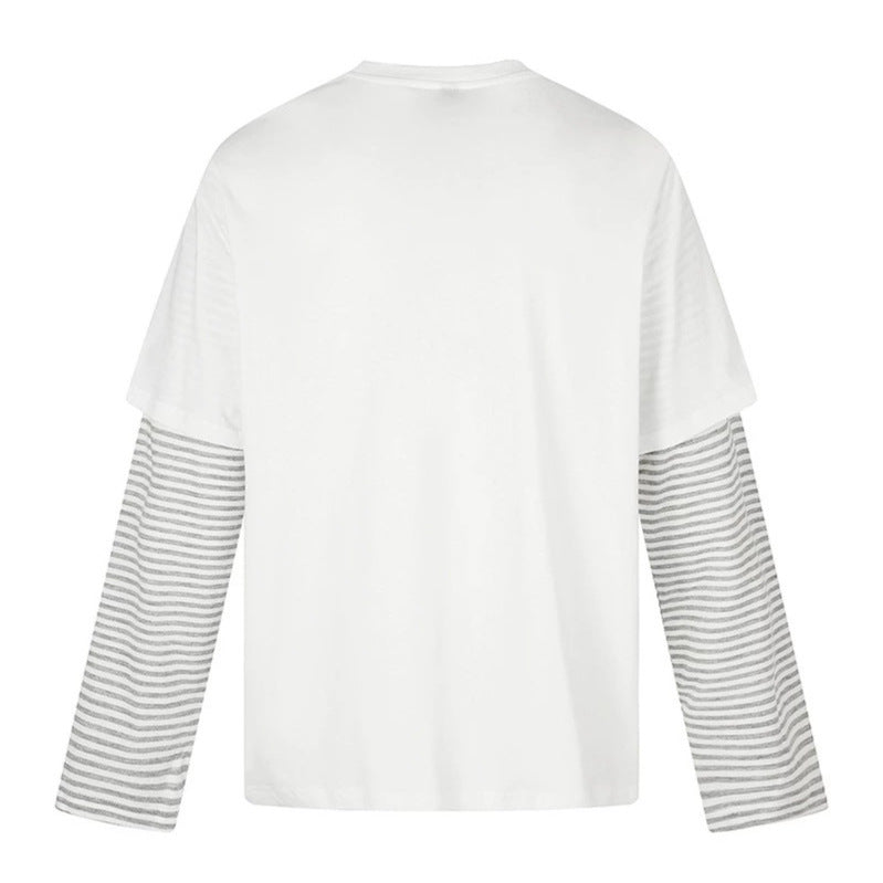 Women's Layered Long Sleeve Shirt with Striped Insert Sleeves and Vintage Print Mune Fashion