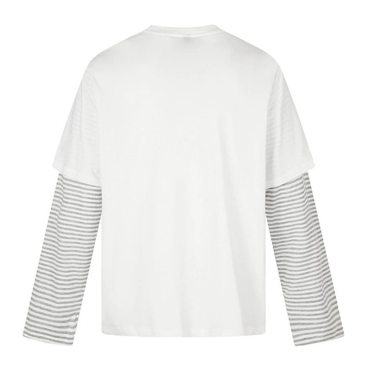 Women's Layered Long Sleeve Shirt with Striped Insert Sleeves and Vintage Print Mune Fashion
