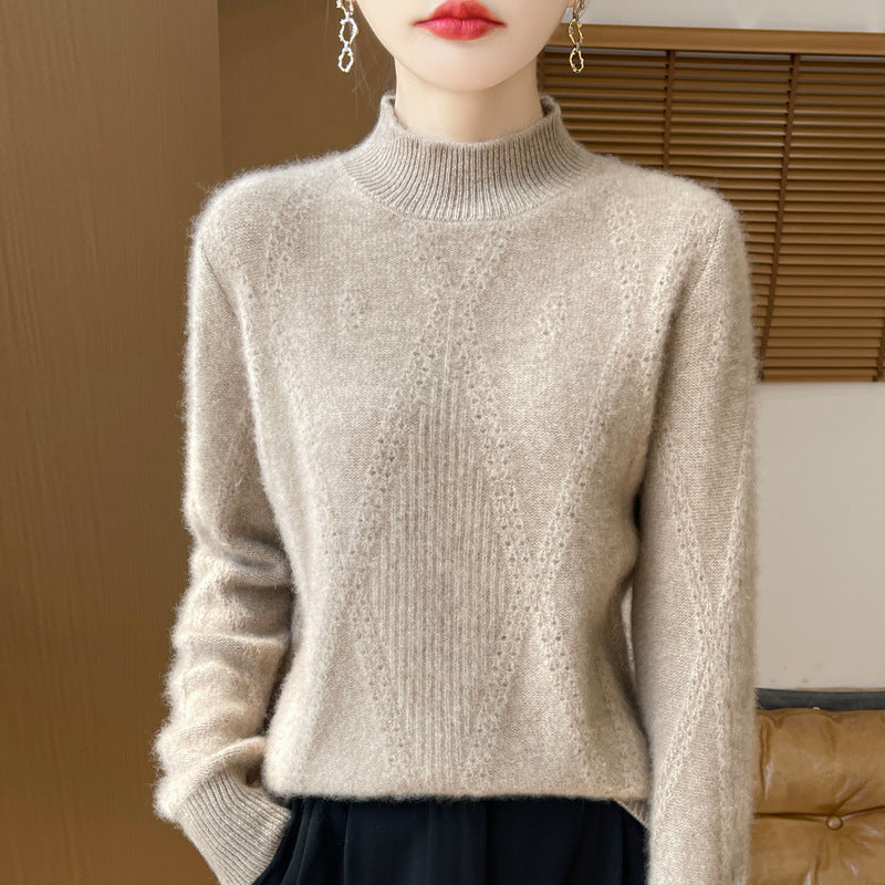 Women's Light Mockneck Fine Knit Sweater with Openwork Chevron and Cashmere Soft Finish Mune Fashion
