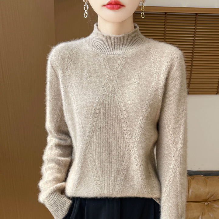 Women's Light Mockneck Fine Knit Sweater with Openwork Chevron and Cashmere Soft Finish Mune Fashion