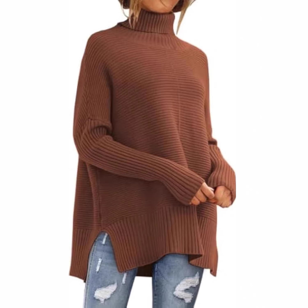 Women Oversize Ribbed Turtleneck Sweater with Side Slits and Extended Hem