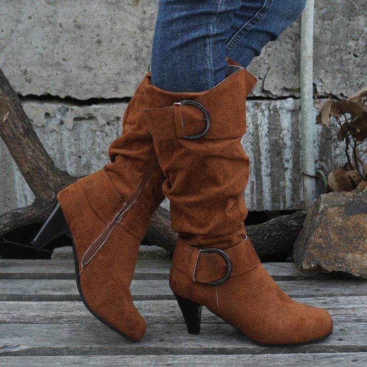 Women’s boots with soft faux suede, slip-on shaft and decorative buckles Mune Fashion