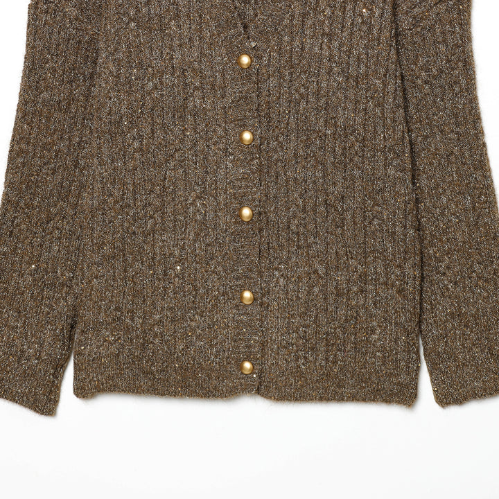 Women's Chunky Knit Cardigan with V-Neck and Golden Decorative Buttons Mune Fashion