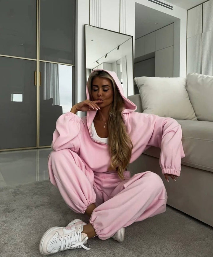 Women Loose-Fit Leisure Set with Zip Hood and Wide Palazzo Jogger Mune Fashion