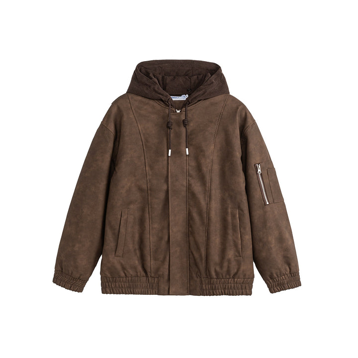 Unisex Boxy-padded Hooded Bomber Jacket with Velour Look, Cord Collar and Sleeve Zipper Mune Fashion