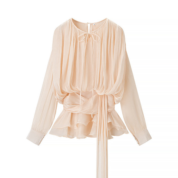 Women's chiffon blouse with draped corset look, ruffled peplum and tie belt Mune Fashion