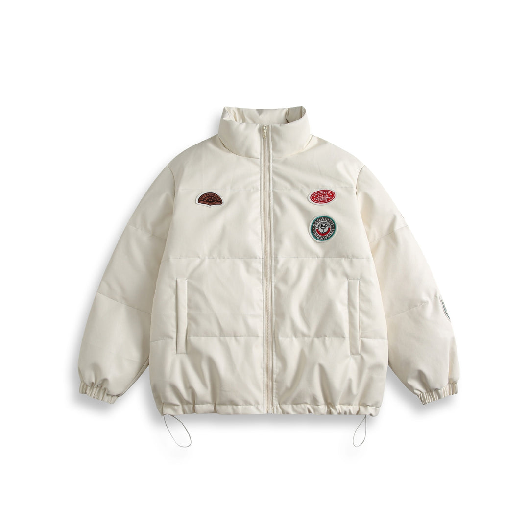 Unisex Short Cut Padded Faux Leather Puffer with High Standing Collar and Badge Details Mune Fashion