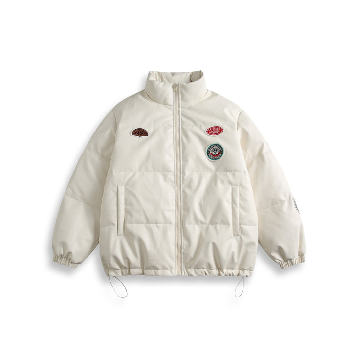 Unisex Short Cut Padded Faux Leather Puffer with High Standing Collar and Badge Details Mune Fashion
