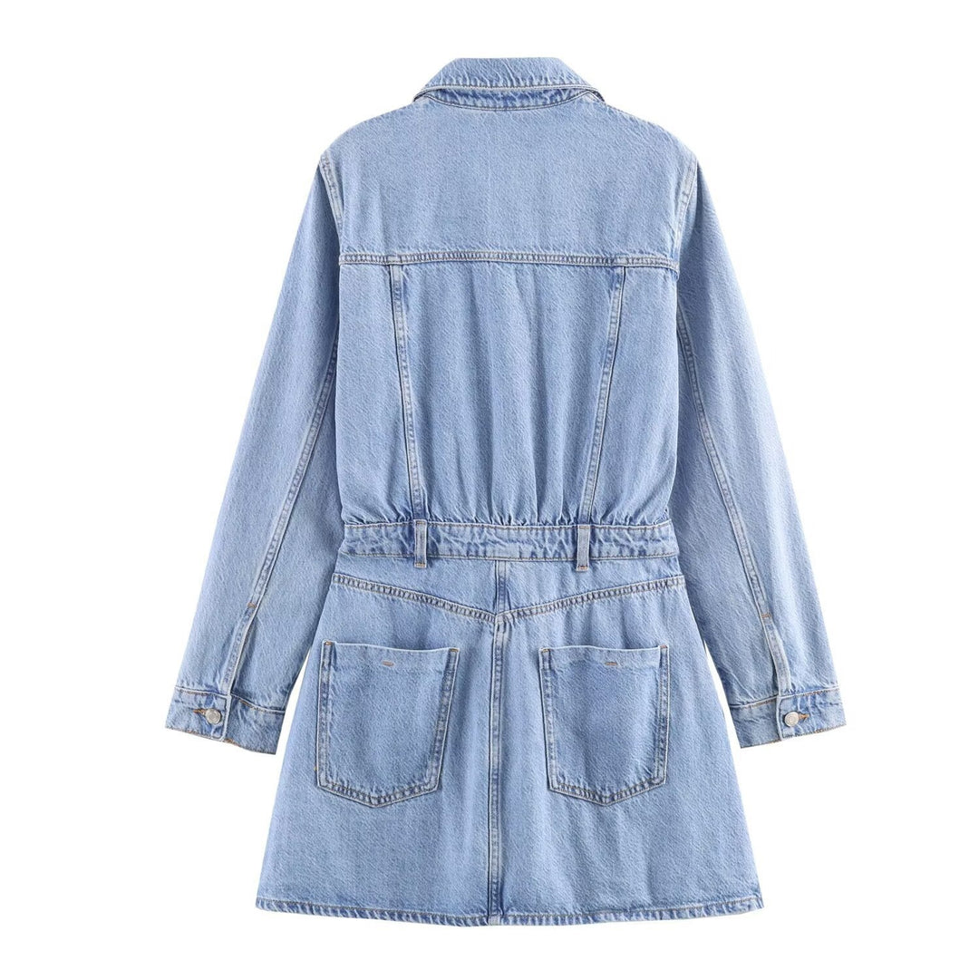 Women's Tailored Denim Dress with Tie Belt, Shirt Blouse Collar and Flap Pockets Mune Fashion