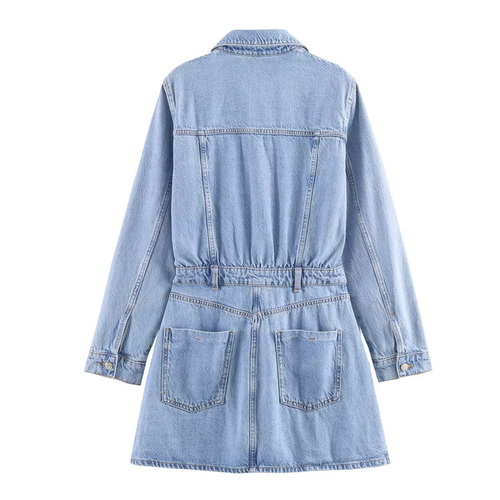 Women's Tailored Denim Dress with Tie Belt, Shirt Blouse Collar and Flap Pockets Mune Fashion