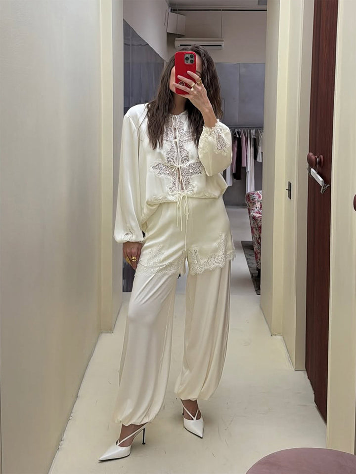 Women's Satin Loungewear Set with Lace Trim, Drawstring Top and Ballooned Palazzo Pants Mune Fashion