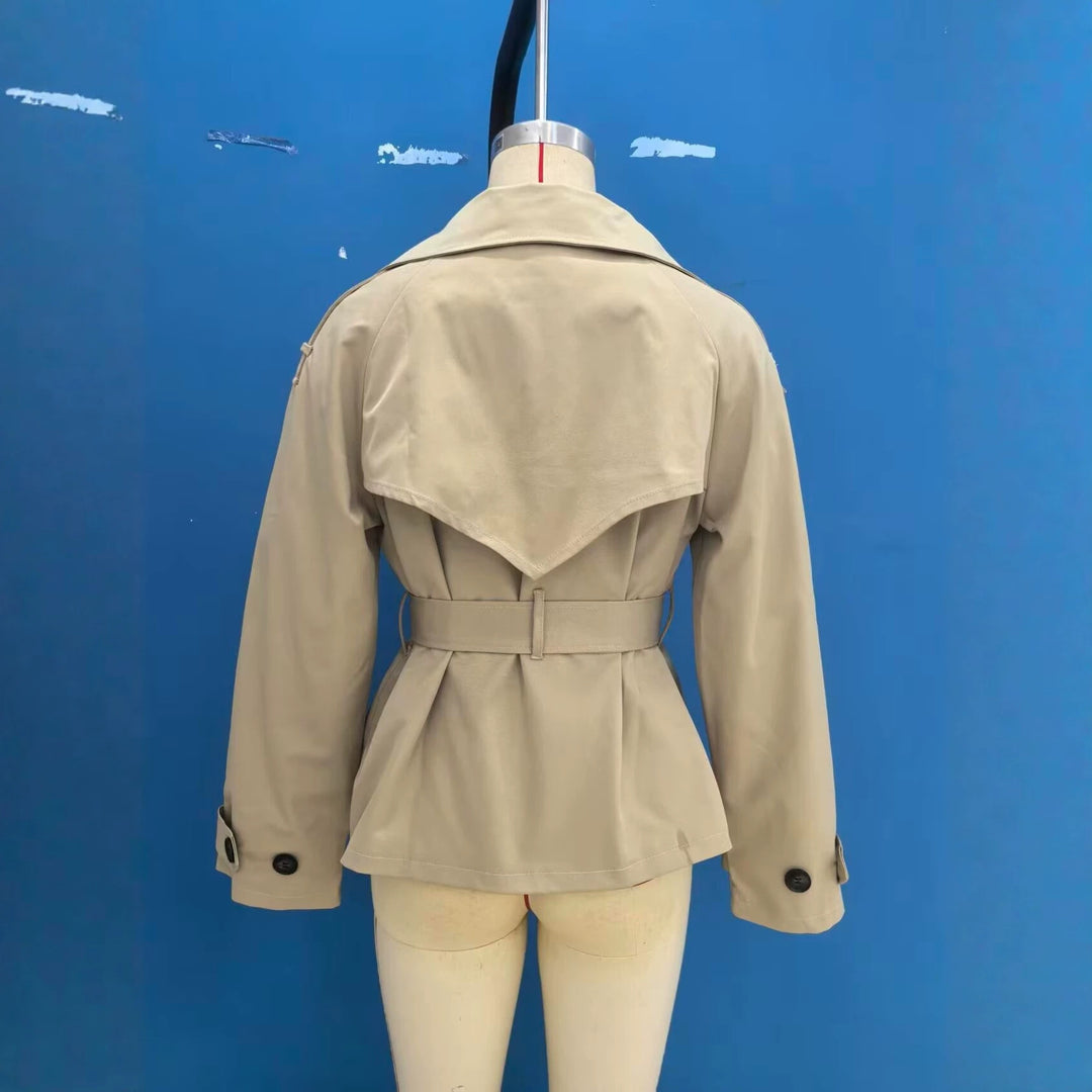 Women's Short Trench Jacket with Reversed Hood, Waist Belt and Double Button Placket Mune Fashion