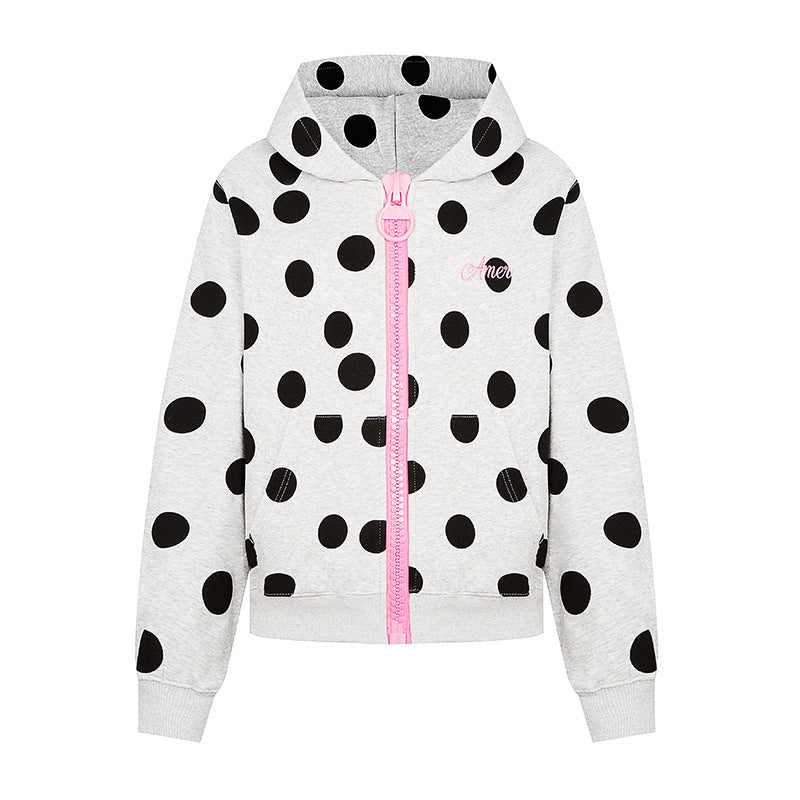 Women's cropped hooded zip jacket with large polka dot pattern and decorative zipper Mune Fashion