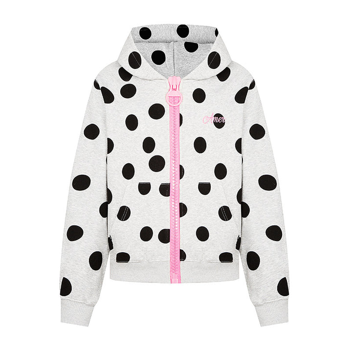 Women's cropped hooded zip jacket with large polka dot pattern and decorative zipper Mune Fashion