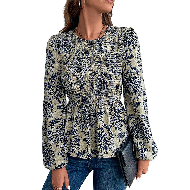 Women's Gathered Smock Blouse Shirt with Peplum and Voluminous Puff Sleeves Mune Fashion