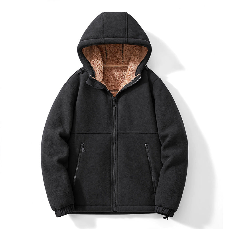 Men's fleece hooded jacket with teddy lining, zippered pockets, and adjustable hem Mune Fashion