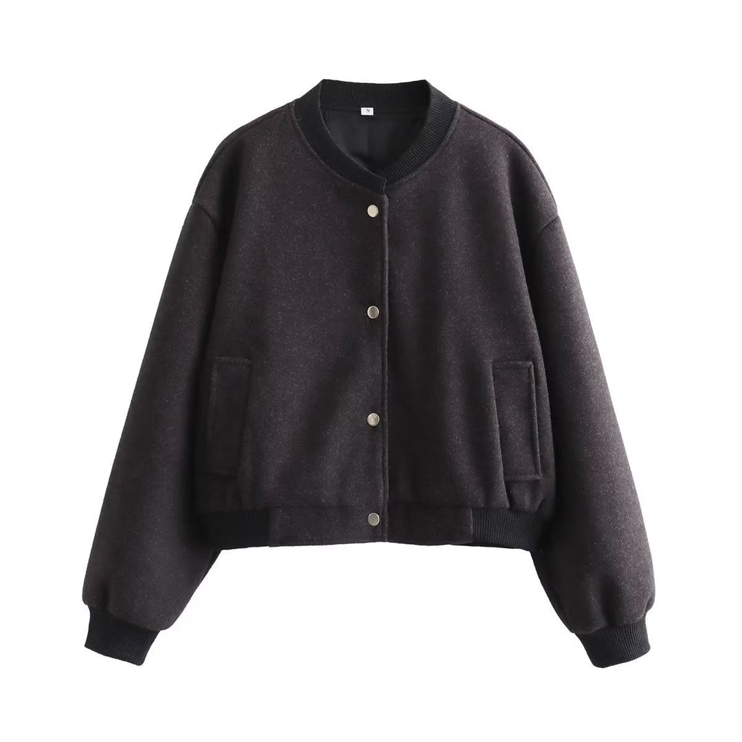Women Short-Cut Wool Blend Bomber Jacket with Snap Buttons and Ribbed Cuffs Mune Fashion