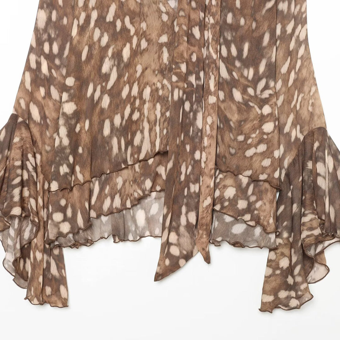 Ladies chiffon blouse with tie, V-neck and multilayer ruffle hem Mune Fashion
