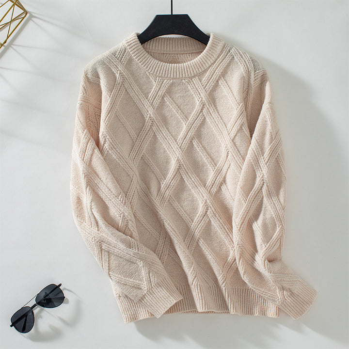 Ladies' chunky textured knit sweater with large diamond pattern, ribbed hem and round neck Mune Fashion
