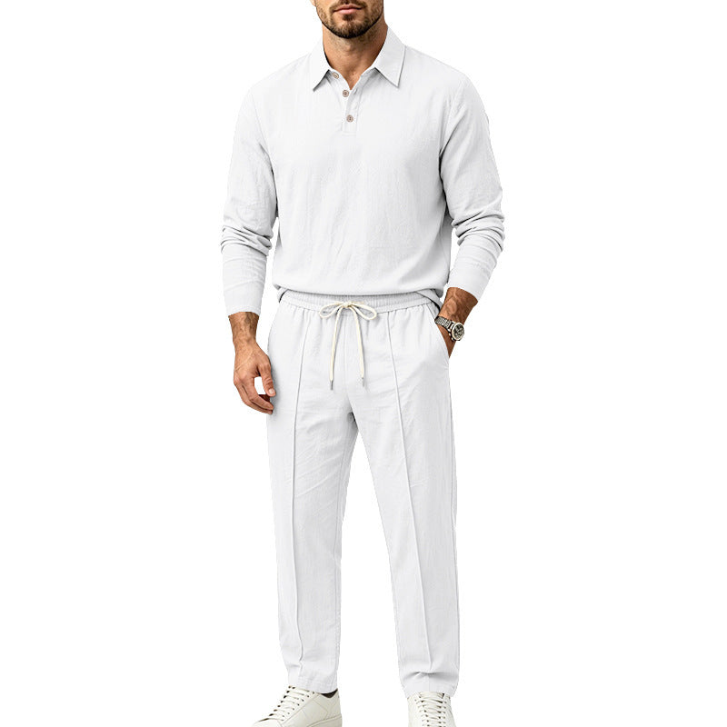 Men's Long Sleeve Polo Shirt and Relax Pants Set in Linen Look with Drawstring Mune Fashion