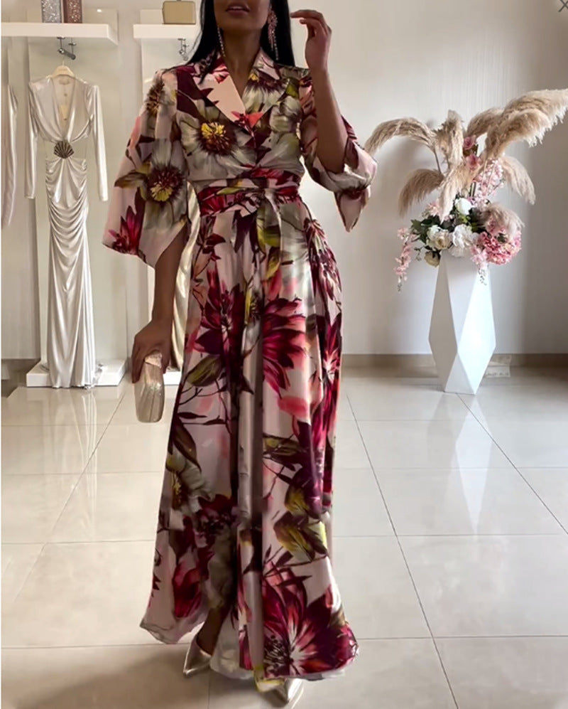 Ladies nan maxi dress with shawl collar, kimono sleeves and waist-defining tie belt Mune Fashion