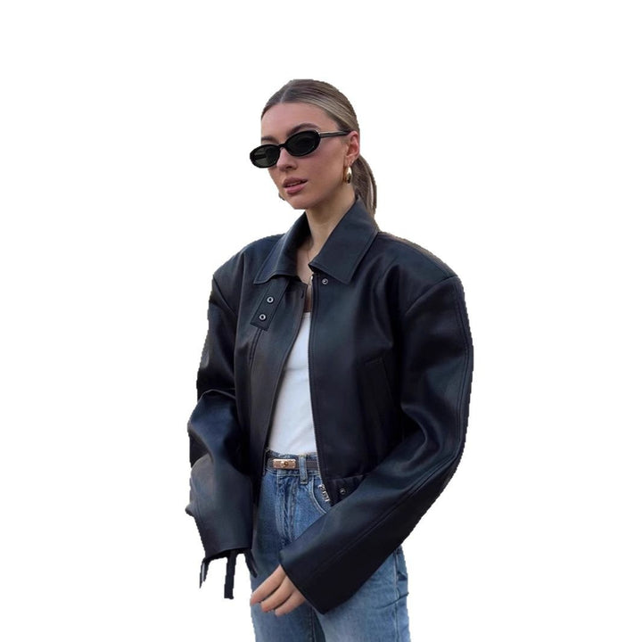 Women's Cropped Oversized Leather Jacket with Shirt Collar, Cropped Silhouette and Extra-Wide Sleeves Mune Fashion