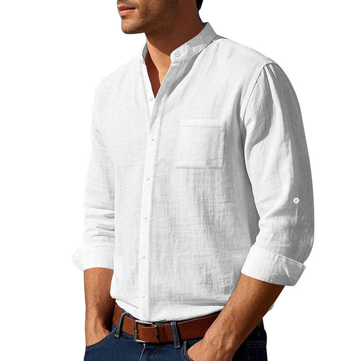 Men's light linen shirt with stand-up collar and patch chest pocket in regular fit Mune Fashion
