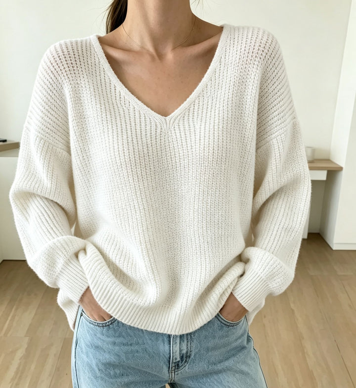 Women's Casual Boxy Chunky Knit Sweater with V-Neck and Ribbed Cuffs Mune Fashion