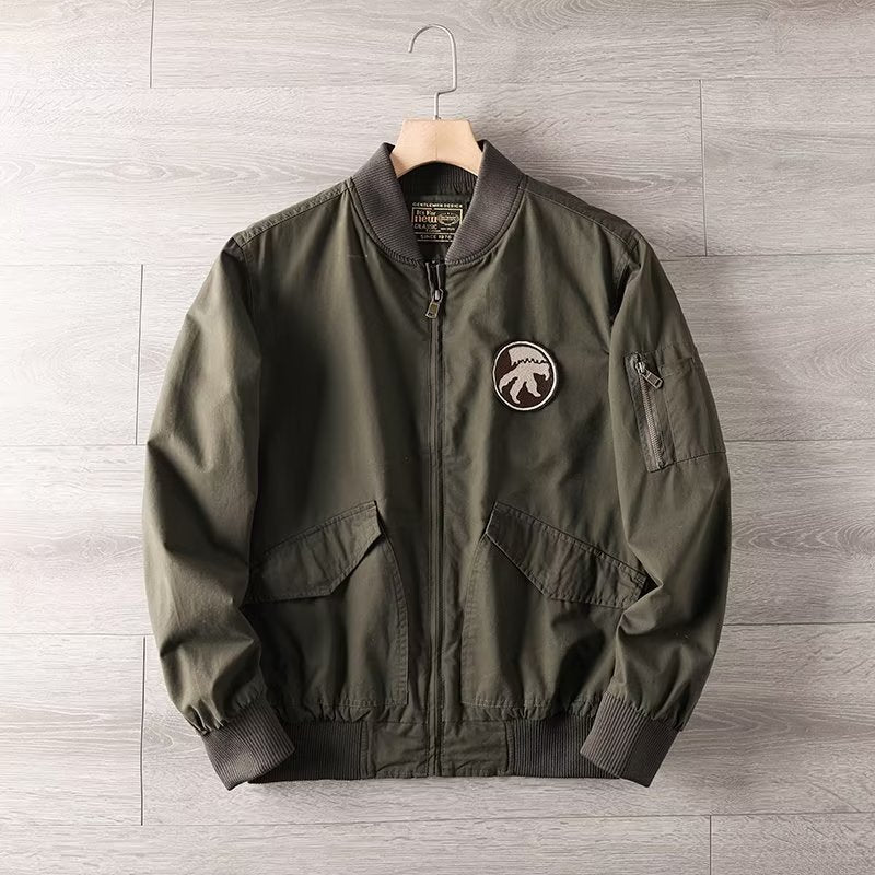 Men's Casual Bomber Jacket with Zipper, Chest Patch and Sleeve Pocket Detail Mune Fashion